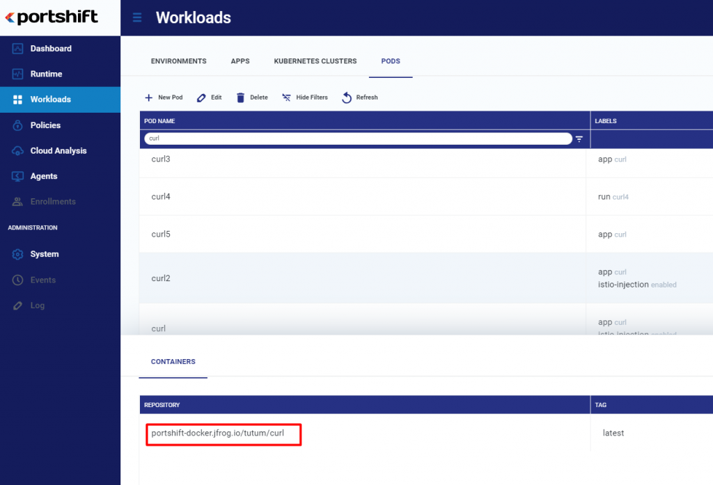 Portshift:工作负载屏幕