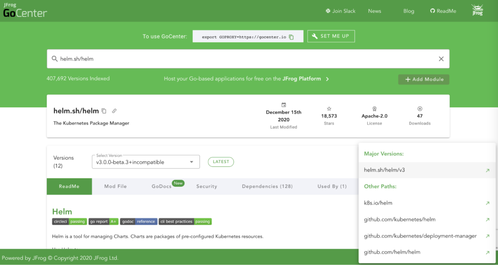 执掌JFrog GoCenter的主要版本