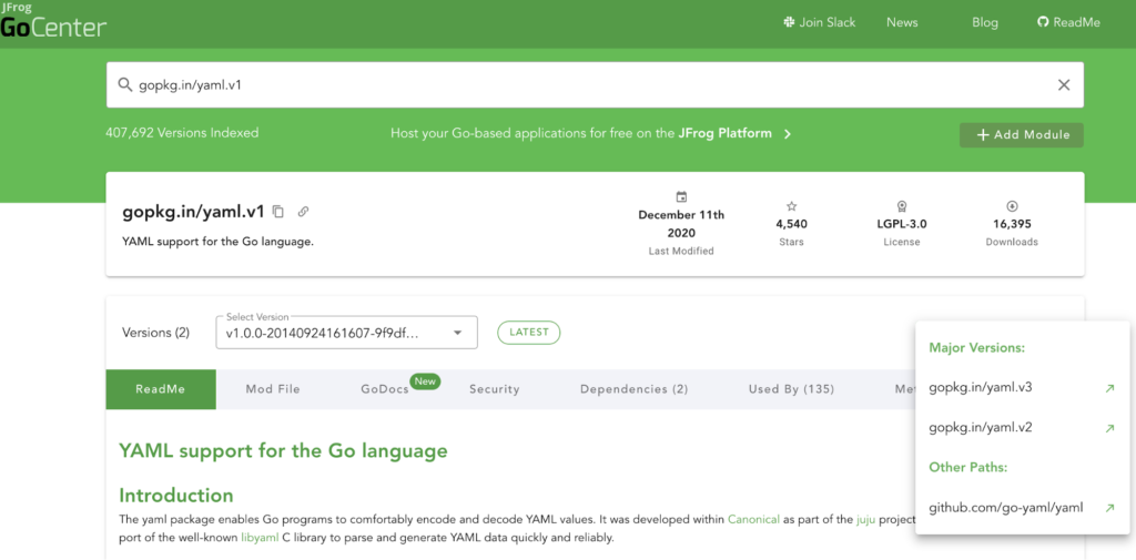 GoPkg YAML主要版本在JFrog GoCenter