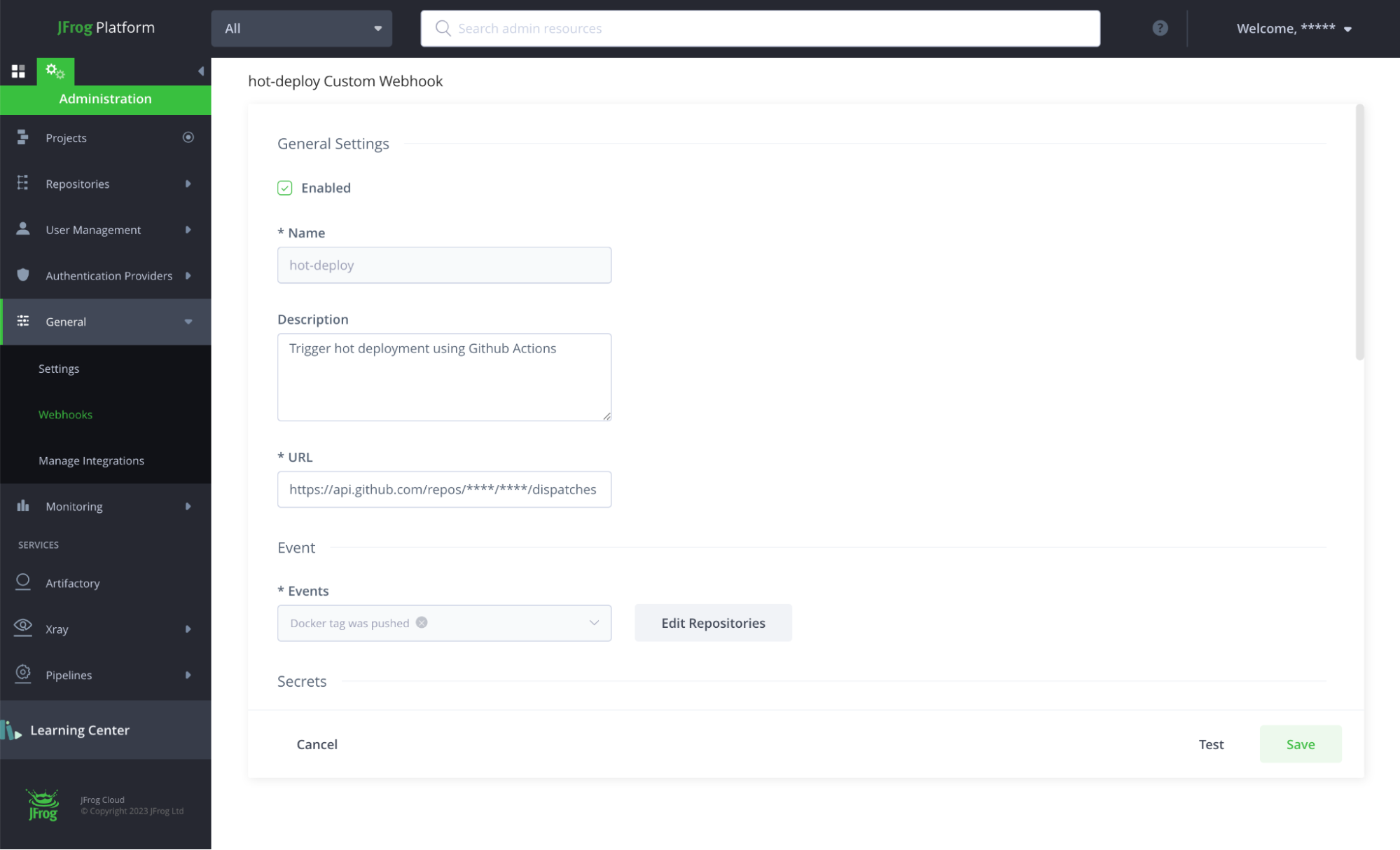 图片全部文字:人工设置的屏幕截图,显示一个新的webhook的设置。
