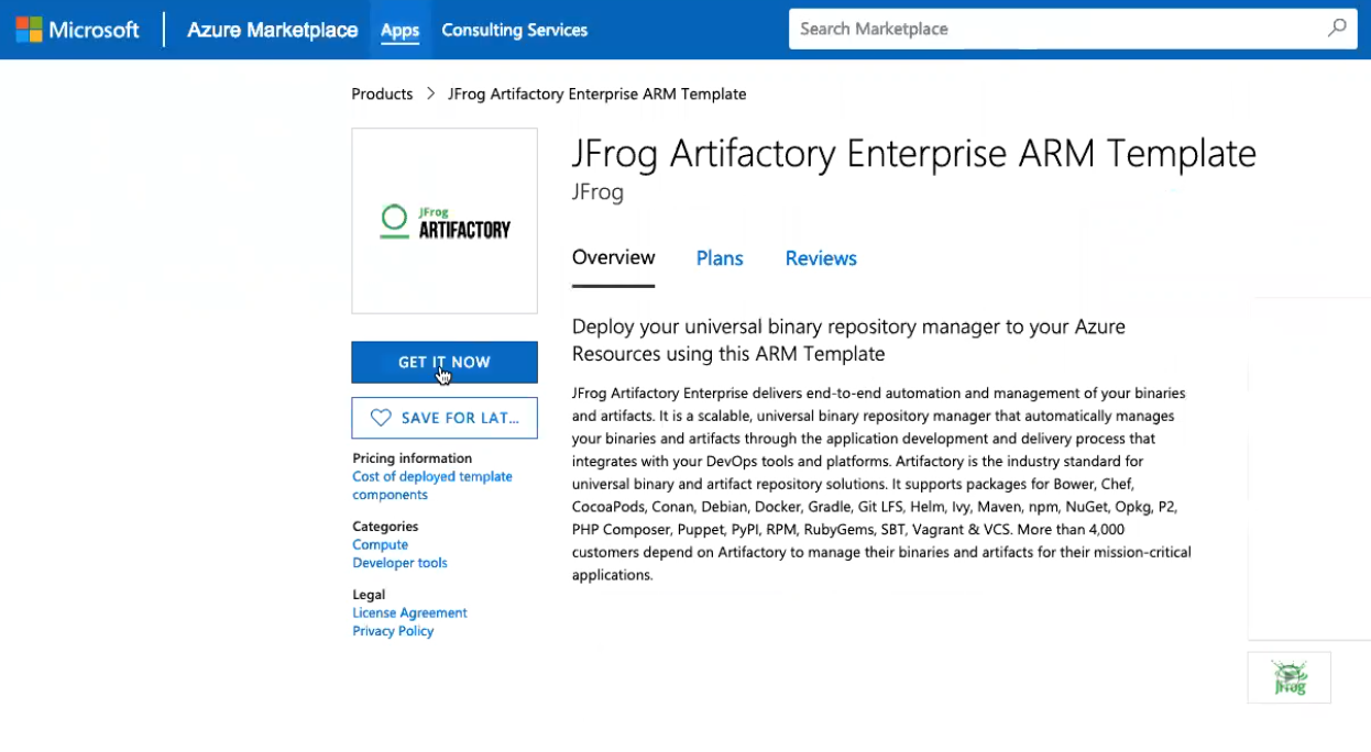 Azure Marketplace中的Artifactory Enterprise