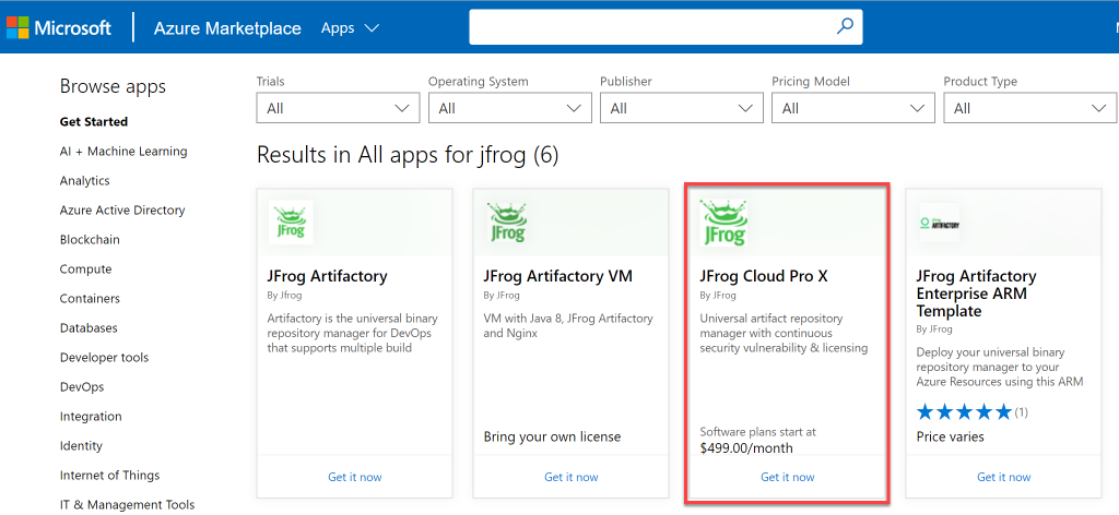 Azure市场搜索JFrog