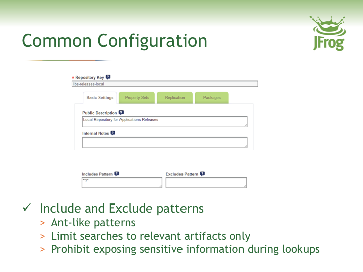 使用JFrog Artifactory的常见配置包括和排除模式