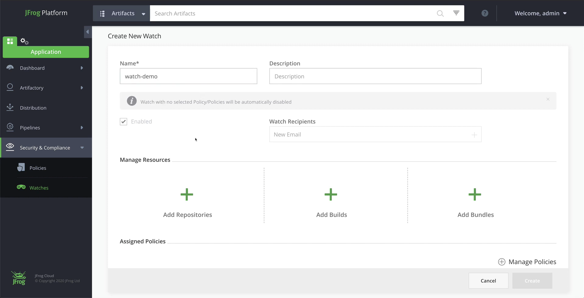 在JFrog x射线中添加一个新的手表