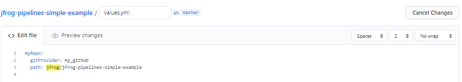 JFrog管道示例值文件