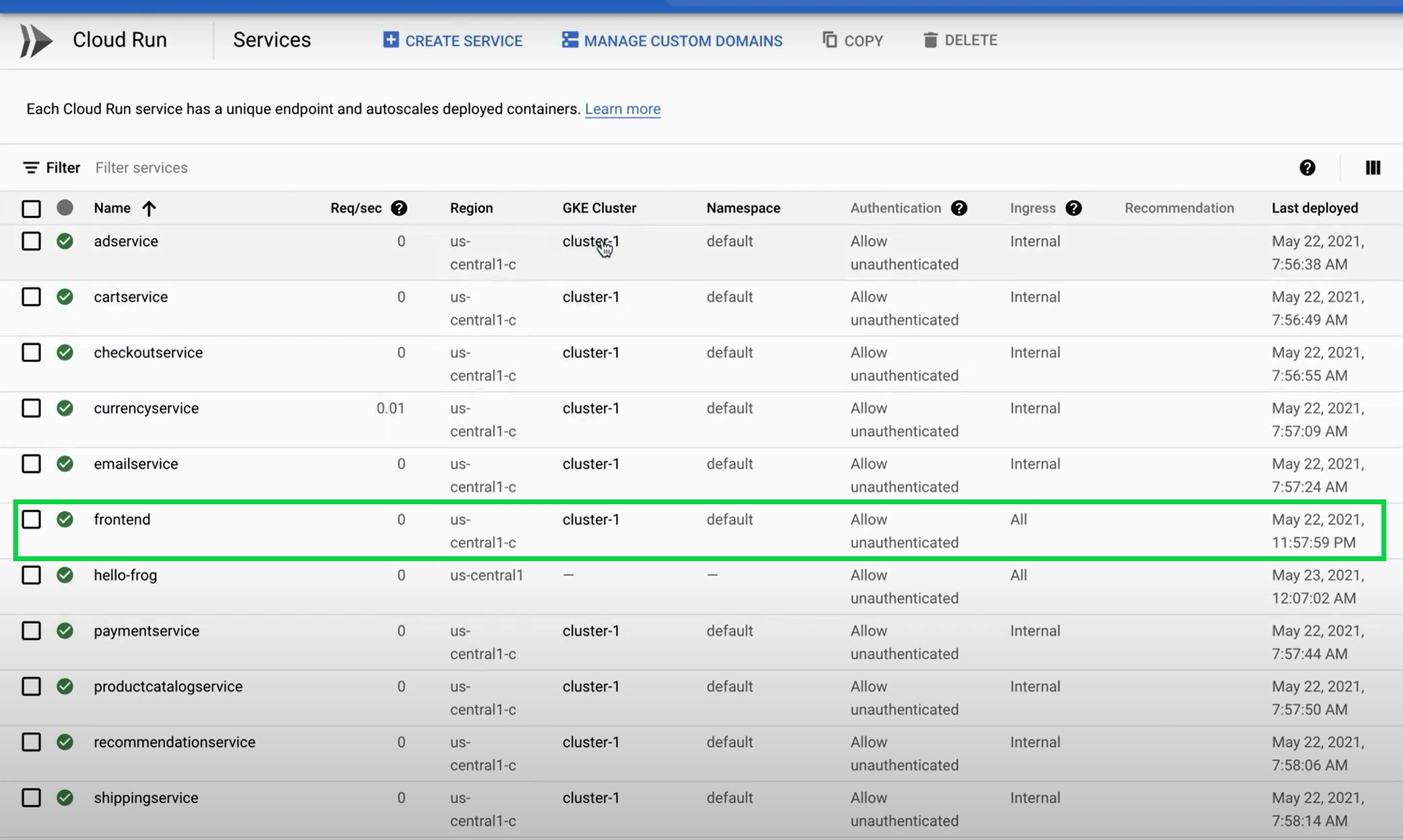 Google Cloud Run显示部署的前端服务