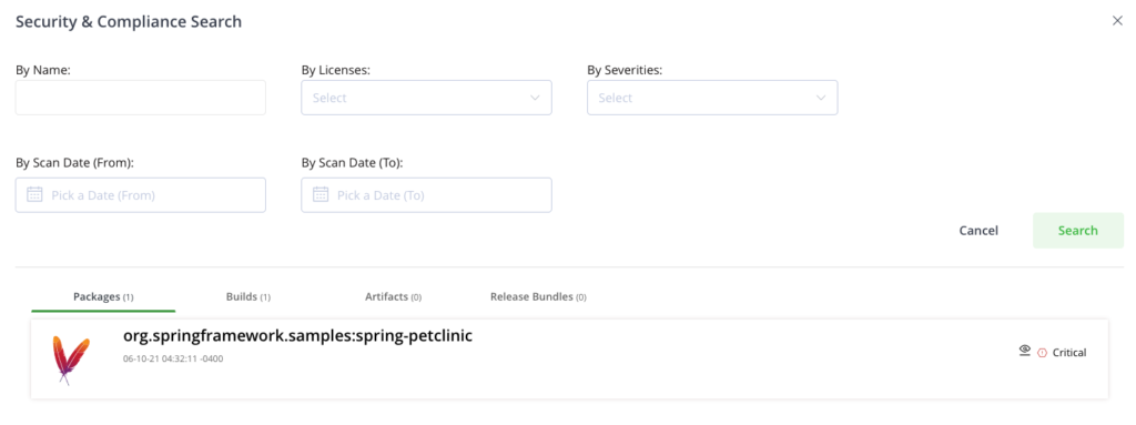 CVE在包、构建、工件和发布包中的位置列表