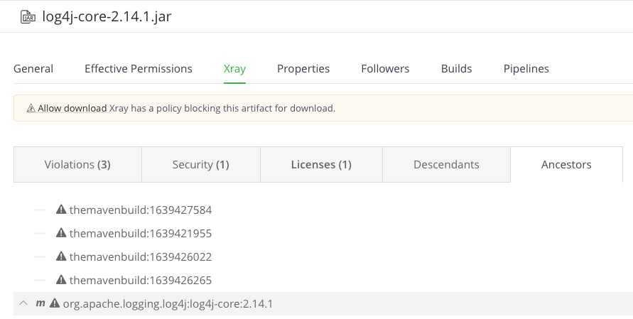 log4j-core-2.14.1.jar -使用x射线中的祖先选项卡来识别所有受影响的工件