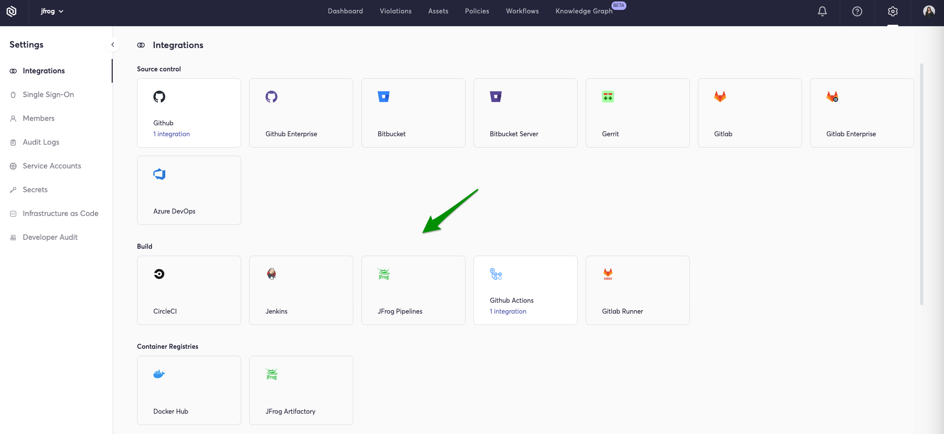 从集成选项卡中添加JFrog管道