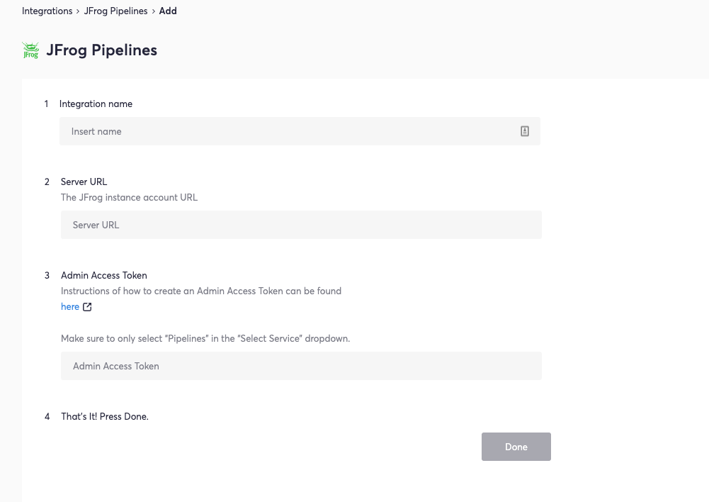 添加JFrog平台URL和Admin Access Token