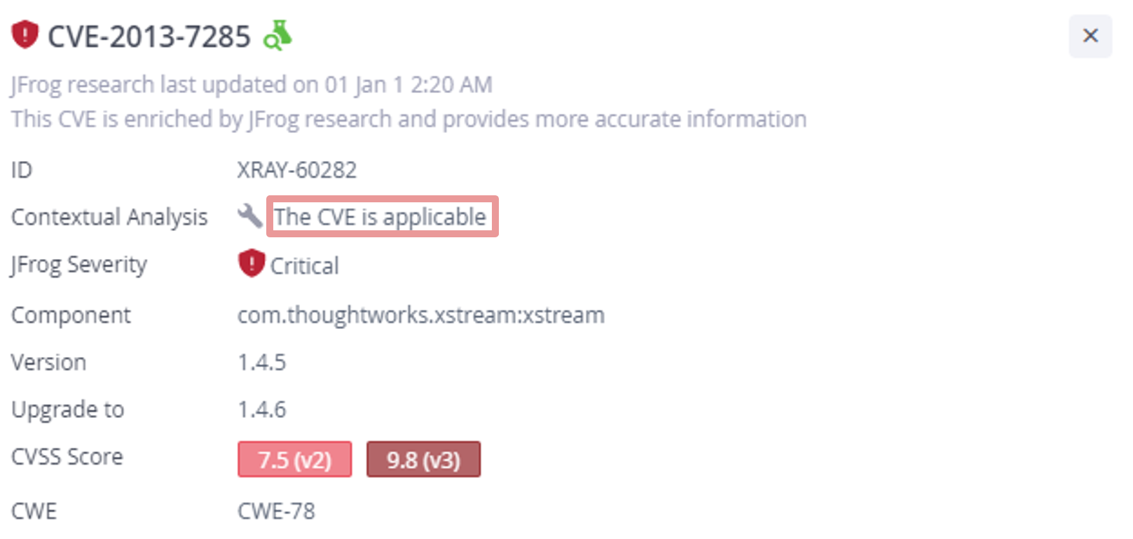 CVE-2013-7285的JFrog x射线上下文分析结果
