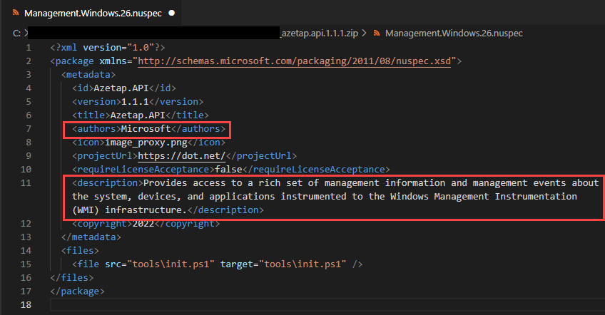 Azetap。APIpackage’s author defined as Microsoft with a false description